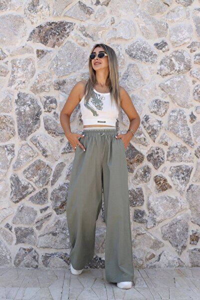 bytugcekaya Khaki Parachute Pants Tiger Printed Blouse Set