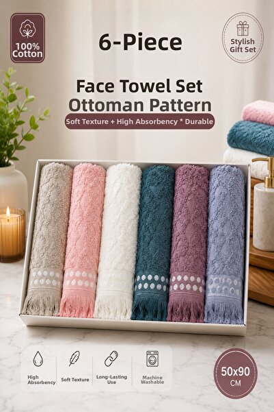 MUK's Set de 6 prosoape de față cu model otoman, 50x90 cm, 100% bumbac