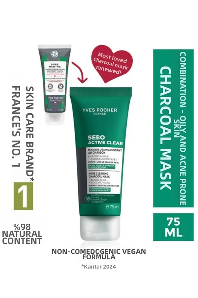 Yves Rocher قناع مضاد للرؤوس السوداء للبشرة المختلطة والدهنية مع تأثير مطفي