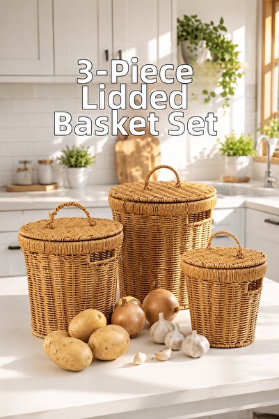 Porsima Pbt-920 3-Piece Bamboo Basket Set with Wicker Basket Covers Decorativ...
