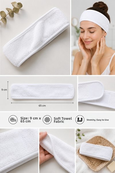 Vivesta Home Velcro White Towel Headband Unisex – Adjustable Soft Hair Bandana for Yoga, Spa, Skincare & Makeup (9X65 cm)