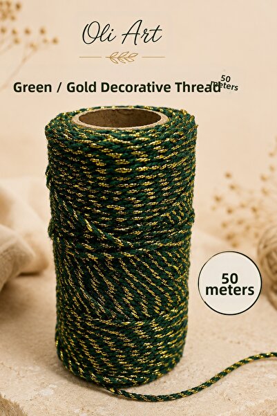 OLİ Art Green Gold Decorative String 2 mm 50 Meters Packaging Ornament Gift B...