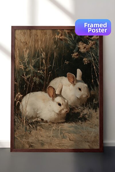 Zestia Pictură murală vintage, Iepuri odihnindu-se în natură, înrămate maro N...