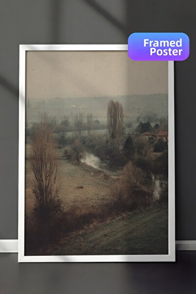 Zestia Pictură murală vintage, peisaj rural pe malul râului, înrămată în alb ...