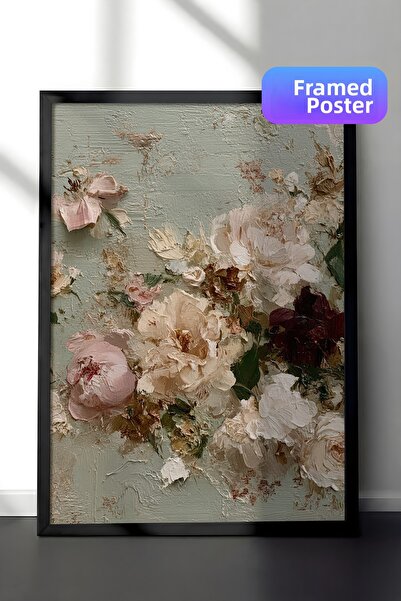 Zestia Pictură de perete vintage, compoziție florală în pasteluri, înrămată î...