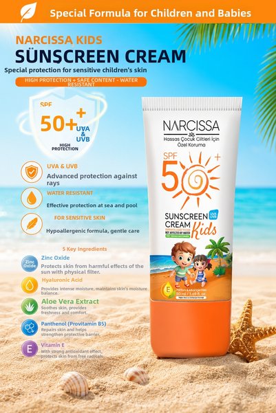 Narcissa Children and Baby Sunscreen Spf 50+ |   Waterproof Water Resistant Uva/Uvb Protection |   Moisturizing Care |   For Sensitive Skin 50 ml