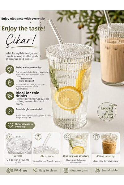 ÇARŞI HANEM 1 Piece Glass Soft Drink Cup with Straw and Lid Cold Drink Presen...