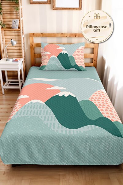Evimde Bambaşka Mountain Themed Mint Children's Room Single Pique Set - Geome...