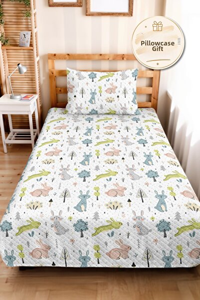 Evimde Bambaşka Pastel Rabbit Patterned Children's Room Single Pique Set - Tu...