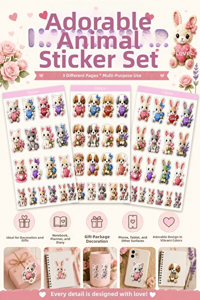 dijihane Cute Amigurumi Animal Sticker Set |   3 Sheets 8X15 cm Cat, Dog and ...
