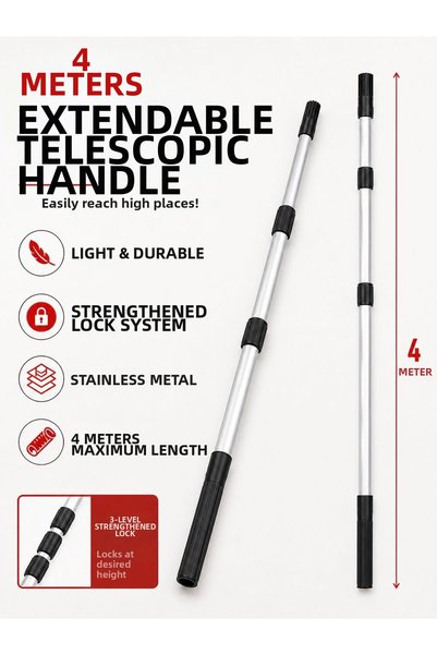 Ceyhanlar 4 Meter Telescopic Extension Handle 3-Stage Metal Pole Glass Cleaning Paint Roller Cleaning Tool Compatible