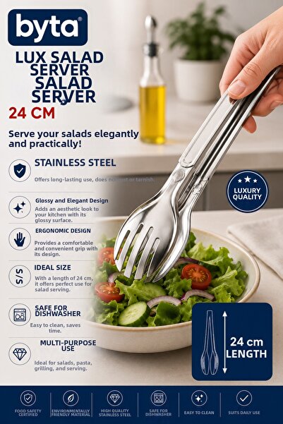 BYTA Lux 24 cm Stainless Steel Salad Serving Tongs Ergonomic Kitchen Tongs
