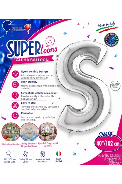 grabo Superloons Silver "S" Letter Foil Balloon 102 cm (40 Inches)