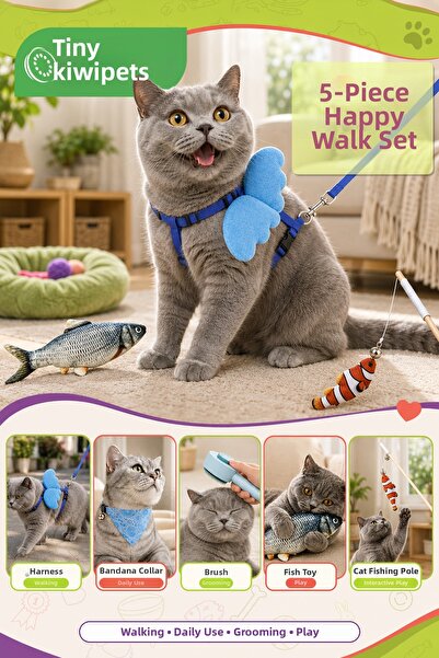 Tiny Kiwipets 5 Piece Cat Accessory Set |   Chest Harness & Scarf & Feather B...