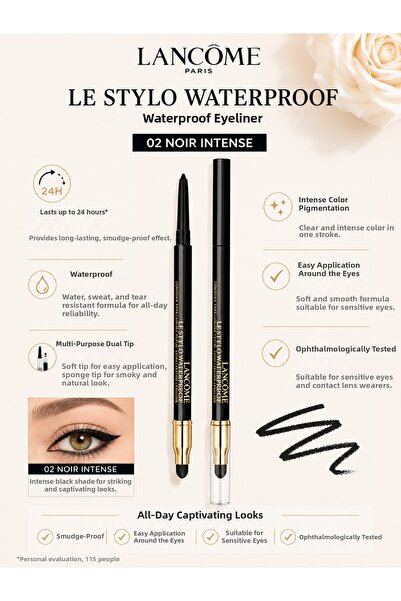 Lancome 02 NOIR INTENSE - قلم تحديد العيون Le Stylo مقاوم للماء بتركيبة كريمي...