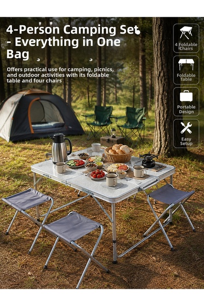 teknodayım Foldable Camping Table and 4 Stools Set Portable Aluminum Body Pic...