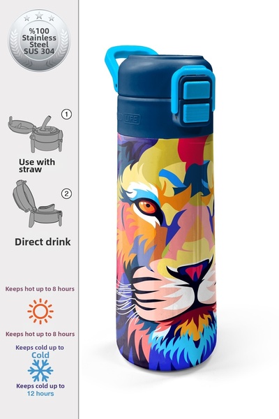 Coral High Kids Navy Blue Saks Lion Patterned Steel Thermos with Straw and Di...