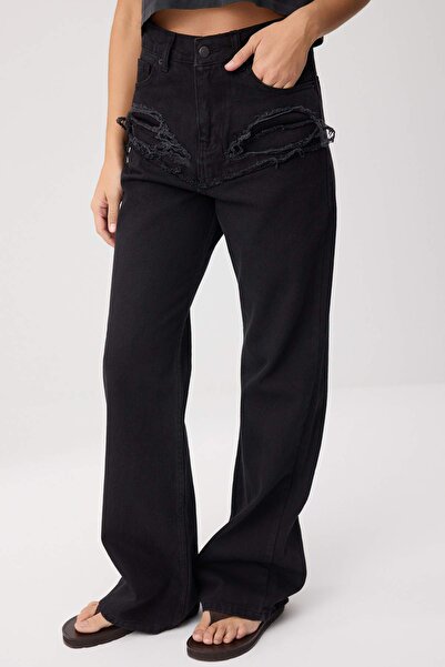 Trendyol Collection Black Ripped Detailed High Waist Wide Leg Jeans Twoss26Je...