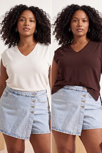 Trendyol Curve Braun-weißes 2er-Pack Basic-T-Shirt in Übergröße TBBSS26BF00030