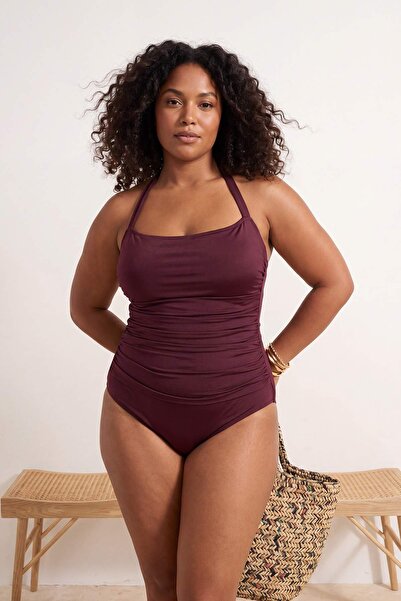 Trendyol Curve Plum Gatherer Badeanzug mit quadratischem Ausschnitt und Korde...