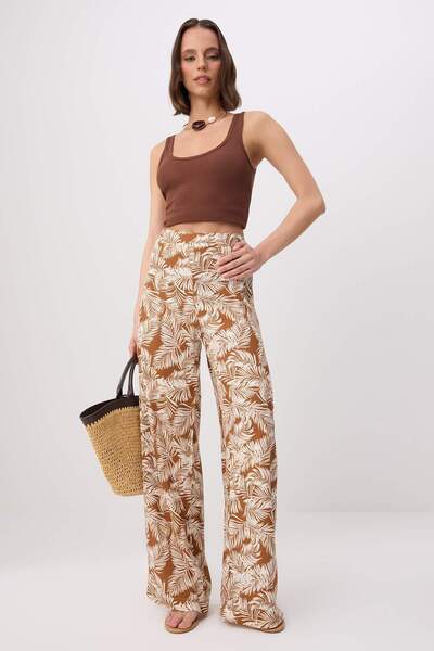 Trendyol Collection Brown-Multicolor Patterned Viscose Relaxed Fit Elastic Wa...