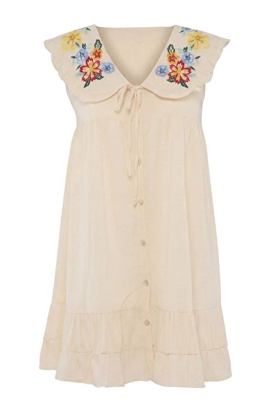 Trendyol Collection Rochie mini de plajă bej, țesută, cu guler pentru bebeluș...