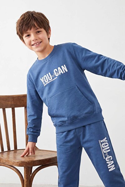 TRENDYOLKIDS Indigo slogan Štampano Pleteno Dječačka majica i trenerka Set go...