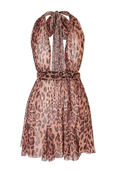 Trendyol Collection Leopard Pattern Woven Mini Halter Mesh Beach Dress Tbess2...