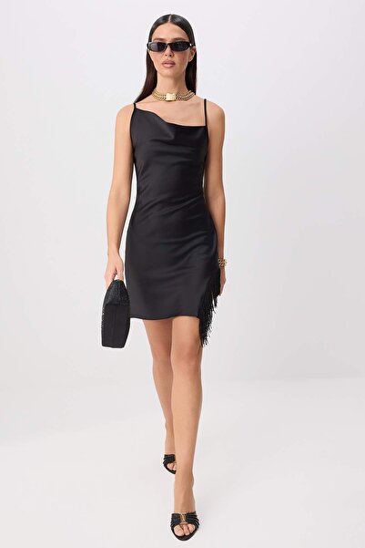 Trendyol Collection Rochie neagră din satin simplu, scurtă/mini, fără căptușeală