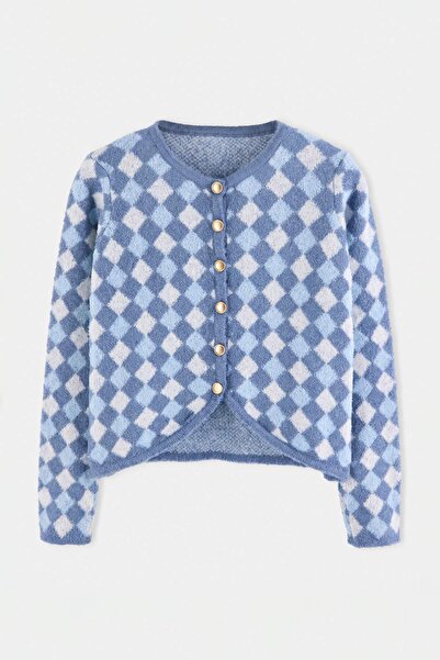 Trendyol Collection Indigo Baklava/Plaid Patterned Crew Neck Crop Knitwear Ca...