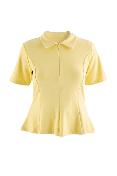 Trendyol Curve Yellow Peplum Polo Collar Half Placket Zipper Short Sleeve Int...