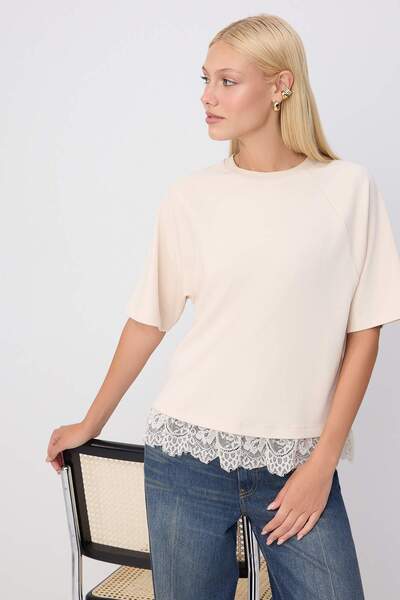 Trendyol Collection Stone Plain Regular Crew Neck Raglan Sleeve Lace Detailed...