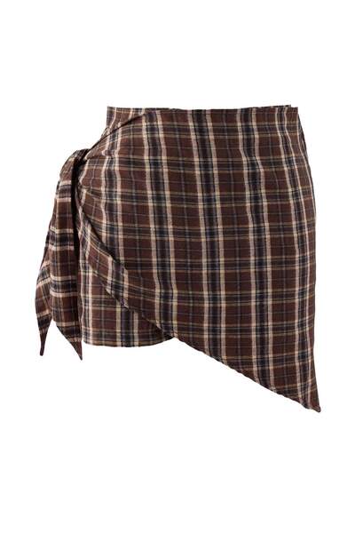 Trendyol Collection Brown Plaid Shawl Tie Detail Flannel Shorts & Bermuda Two...