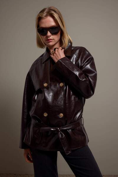 Trendyol Collection Brown Faux Leather Oversized Belted Double Breasted Short...