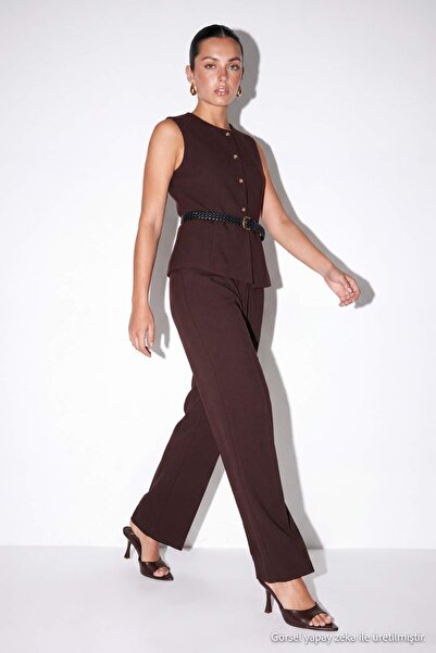 Drop by TrendyolMilla Brown Crew Neck Buttoned Waist Belted Vest Elastic Wais...