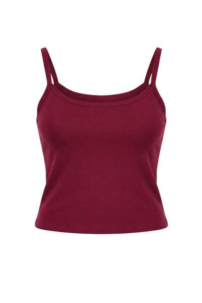 Trendyol Curve Mürdüm Fitted/Body-Fitting Pool Collar Sleeveless Cotton Ribbe...