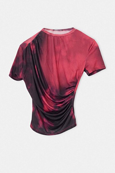 Drop by TrendyolMilla Red-Multicolor Tie-Dye Patterned T-Shirt with Drawstrin...
