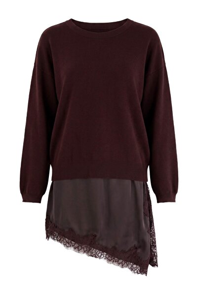 Trendyol Collection Brown Asymmetric Lace Detailed Knitwear Sweater Twoaw27Kz...