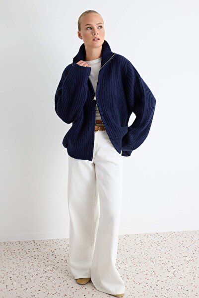 Trendyol Curve Wardrobe Essentials Navy Blue Double-Sided Zippered Soft Textu...