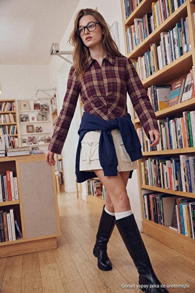 Trendyol Collection Brown-Multicolor Agraf Detailed Plaid Fitted Waist Shirt ...