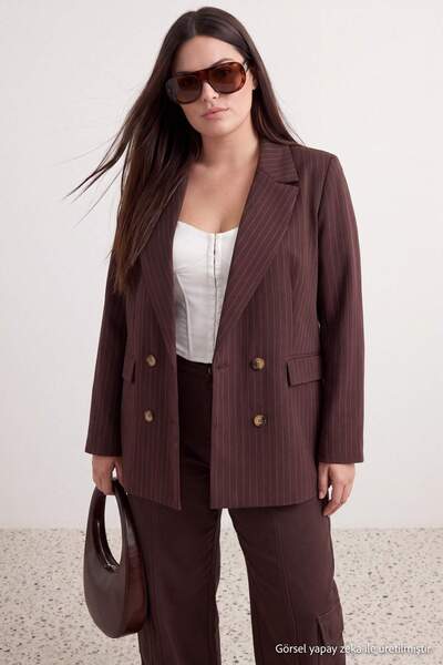 Trendyol Curve Brown Striped Button Closure Oversized Woven Jacket Tbbaw27Ag0...