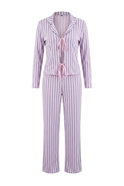 Trendyol Collection Pink-Blue Striped Tie-Dye 30/1 Combed Cotton Single Jerse...