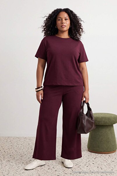 Trendyol Curve Burgundy Soft/Draped Fabric Knitted Large Size Bottom - Top Se...