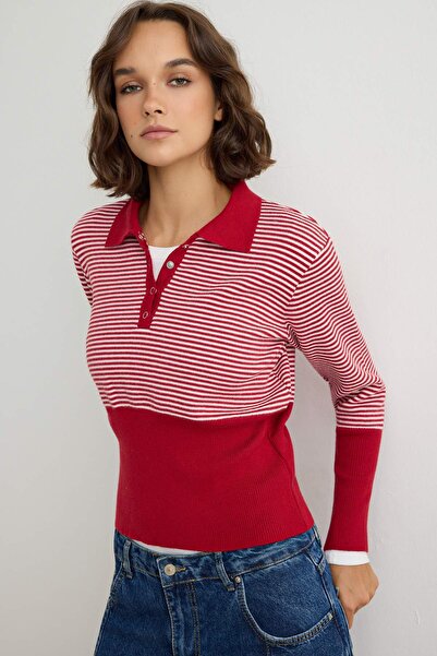 Trendyol Collection Wardrobe Essentials Red*001 Striped Polo Neck Fitted/Blou...