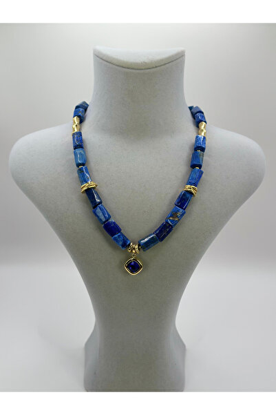 Butik MIZE Lapis Lazuli Doğal Taş Kolye Gold Detaylı Tasarım Şık Kolye