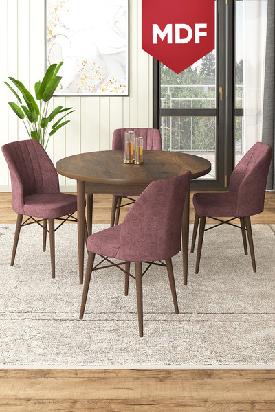 Canisa Rox Serisi MDF Yuvarlak 90x90 Barok Ahşap Desenli Sabit Masa 4 Gülkuru...