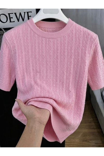 ModaYaren Ροζ κοντομάνικο πλεκτό μπλουζάκι με απαλή υφή και λαιμόκοψη πετσετέ...