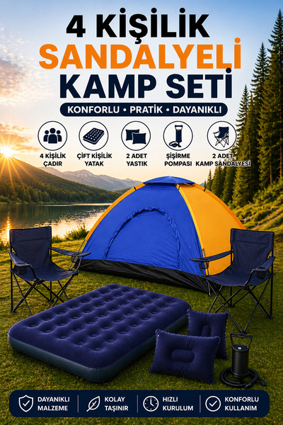 Onetick 4 Kişilik Lüks Kamp Seti Çadır 2 Sandalye Yatak ve Yastık