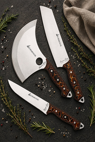 Sürmene Series 3-Piece Kitchen Knife Set Coffee Verzalit Handle Meat Bread Dumpling Pizza Chef Knife (Mft-023)