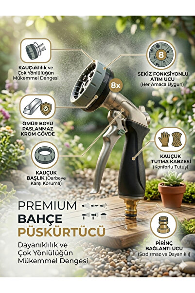 Bahçem 8 Fonksiyonlu Ayarlı Krom Gövdeli Sulama Tabancası